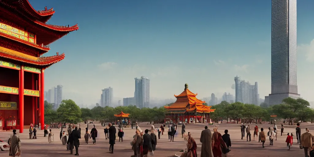 Prompt: a very high resolution image from a new movie, chinese pavilion in front of modern skyscraper, front view, photorealistic, photography, directed by wes anderson and arkhip kuindzhi