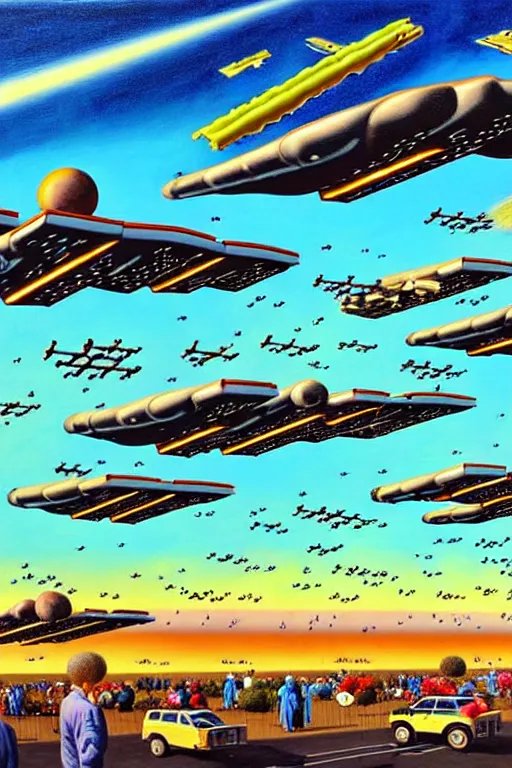 Image similar to a hyperrealistic painting of a fleet of spacecrafts flying over the farmers market on a sunny day, by chris cunningham and richard corben, highly detailed, vivid color,