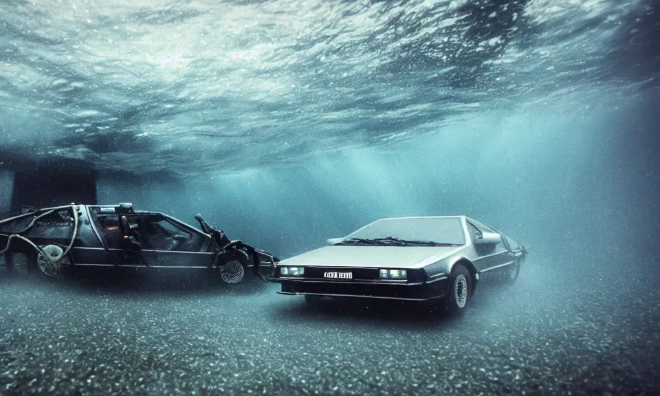 Prompt: photo of a delorean go lightspeed underwater