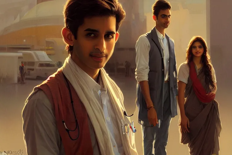 Image similar to Anxious good looking pale young Indian doctors wearing American clothes at the airport, portrait, elegant, intricate, digital painting, artstation, concept art, smooth, sharp focus, illustration, art by artgerm and greg rutkowski and alphonse mucha