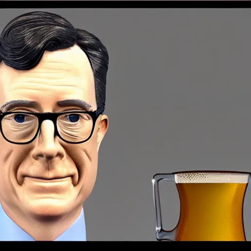 Image similar to stephen colbert face in irish beer mug, 8 k, ultra realistic details