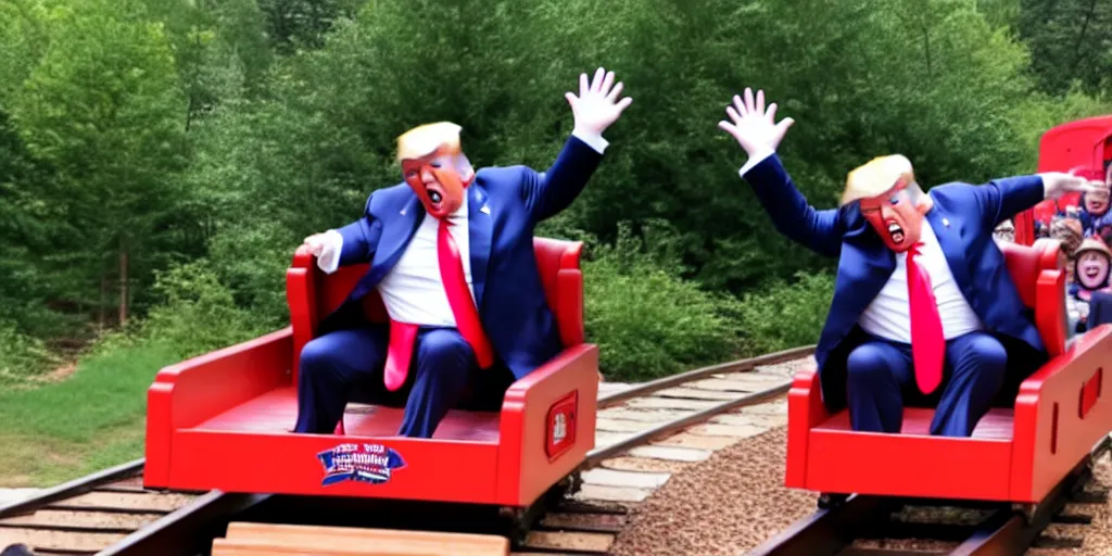 Prompt: Photo of Donald J. Trump falling off of a kiddy train, screaming, taken in Silver Dollar City