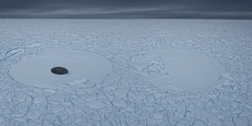 Image similar to the stargate half buried in the arctic ice, realistic landscape