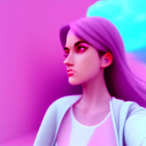 Image similar to selfie of a young woman, winged eyeliner, pastel clothing, urban environment, depth of field, octane render, digital painting, trending on artstation