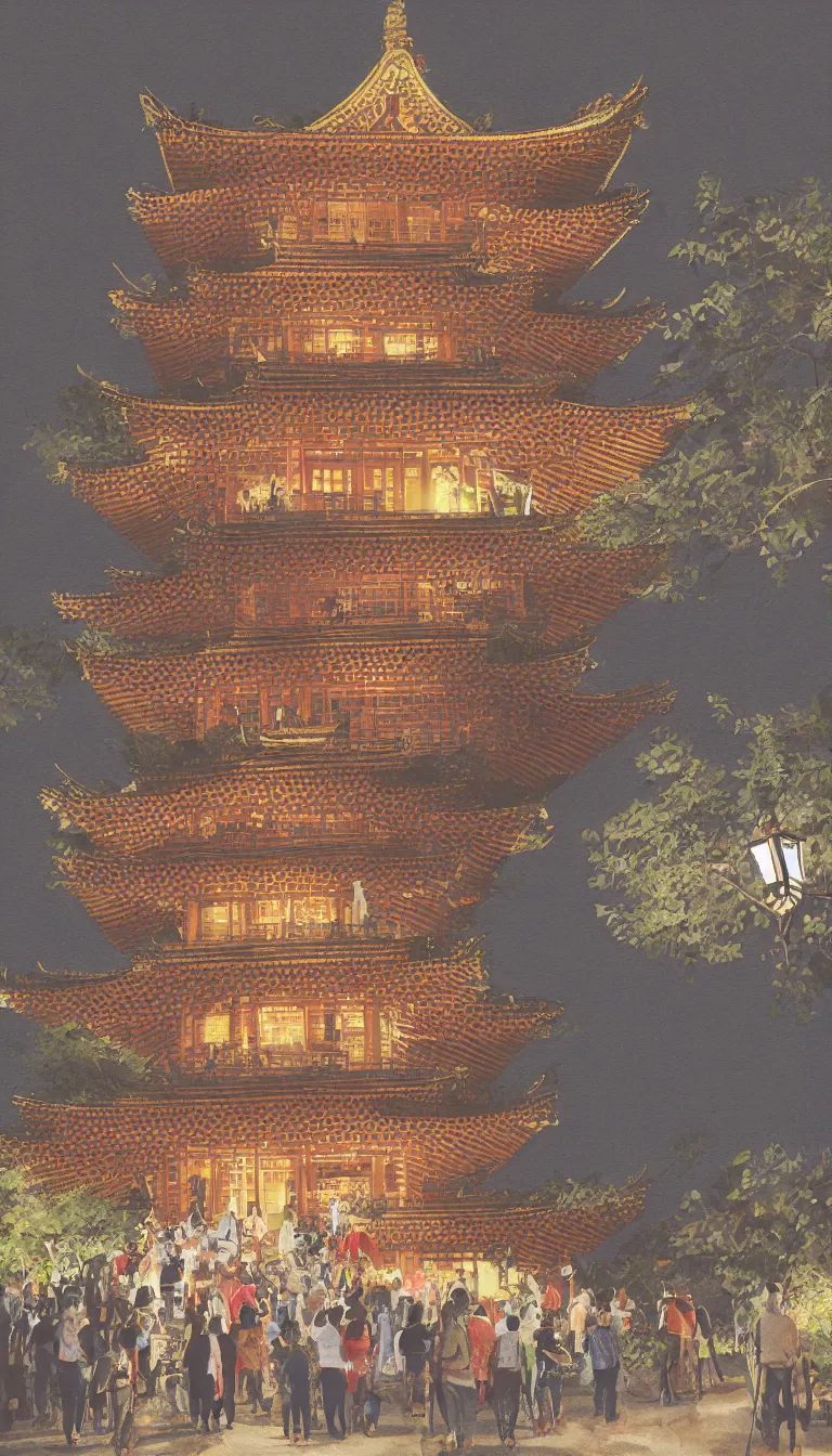 Prompt: digital painting of a pagoda, people drinking tea and paper lanterns, very detailed