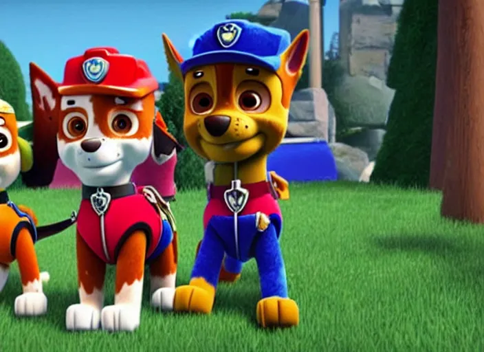 Prompt: a still from the gritty live-action adaptation of Paw Patrol