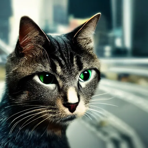 Image similar to portrait of a cute cyberpunk cat, realistic, futuristic, robot, professional photography