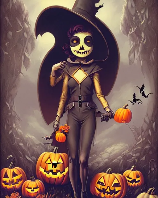 Prompt: phil noto, peter mohrbacher, thomas kinkade, artgerm, 1 9 5 0 s scarecrow dc comics, bats, pumpkins, symmetrical eyes, halloween