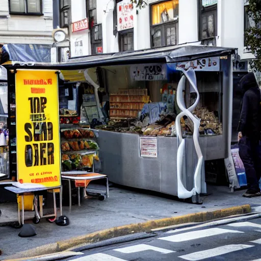 Image similar to a photo of a futuristic market stall at a street corner from the film'minority report'taken from a distance, dslr