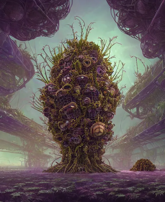 Image similar to a giant weird industrial plant hive made out of isopod wasp octopus, in the style of a strange exotic spaceship, overgrown with disturbing orchids, godbeams, partly cloudy, somber, dramatic lighting, by dan mumford, yusuke murata, makoto shinkai, ross tran, cinematic, unreal engine, cel shaded, featured on artstation, pixiv