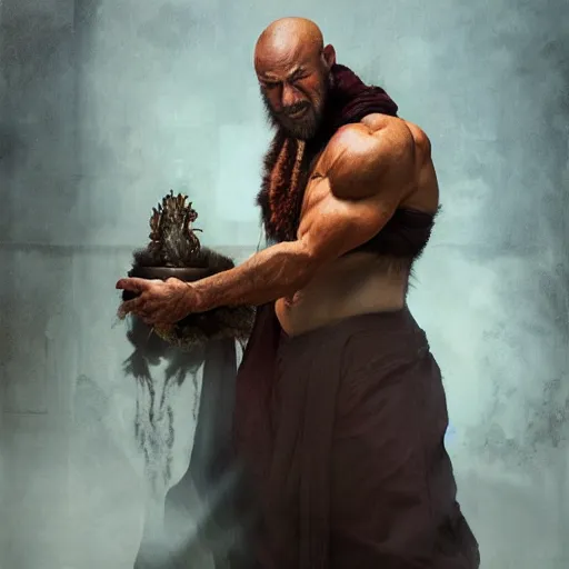 Image similar to wolf werewolf wolfman bodybuilder wearing a monk robes holding incense burner. natural lighting by ruan jia, portrait