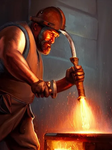 Image similar to a blacksmith striking a hammer in its anvil. working at his forge. intricate, elegant, highly detailed, digital painting, artstation, cinematic shot, concept art, sharp focus, illustration, by justin gerard and artgerm 8 k