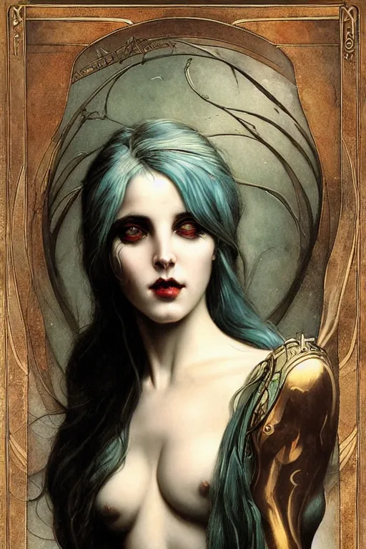 Prompt: Succubus by Tom Bagshaw in the style of Gaston Bussière, art nouveau