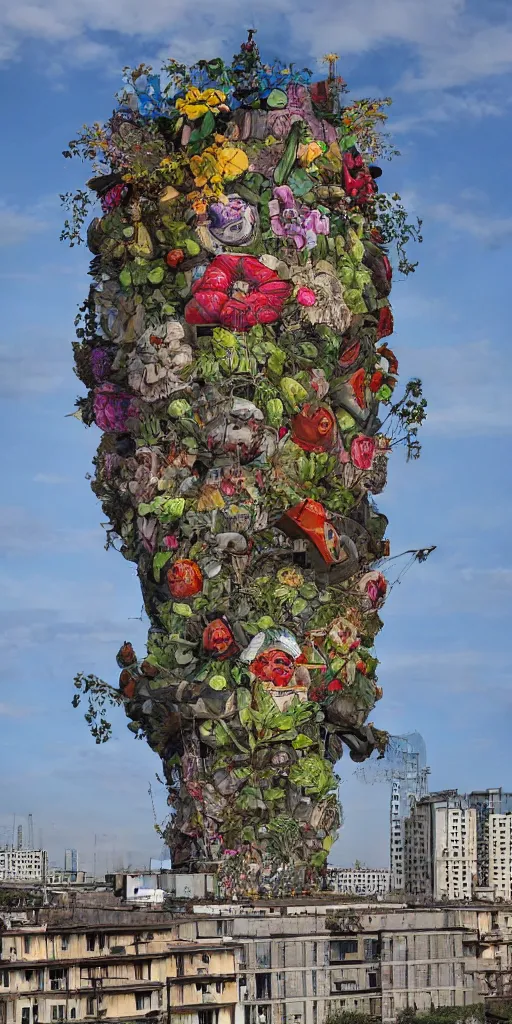 Image similar to giant grotesque flower in the middle of abandoned post soviet constructivist cityscape, ultradetailed by Josan Gonzalez and Giuseppe Arcimboldo