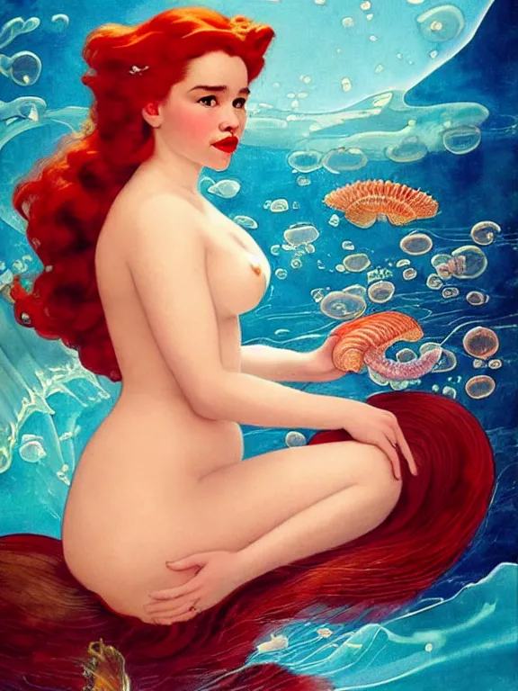 Image similar to Emilia Clarke with red hair as the little mermaid, a beautiful art nouveau portrait by Gil elvgren, beneath the ocean waves glowing jellyfish environment, centered composition, defined features, golden ratio, intricate seashell jewelry that glows, bubbles