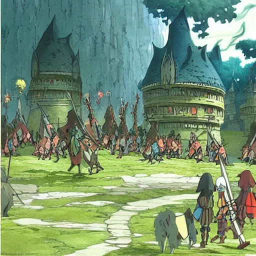 Prompt: “a battlefield, with knights and mages, fantasy, art by studio ghibli”