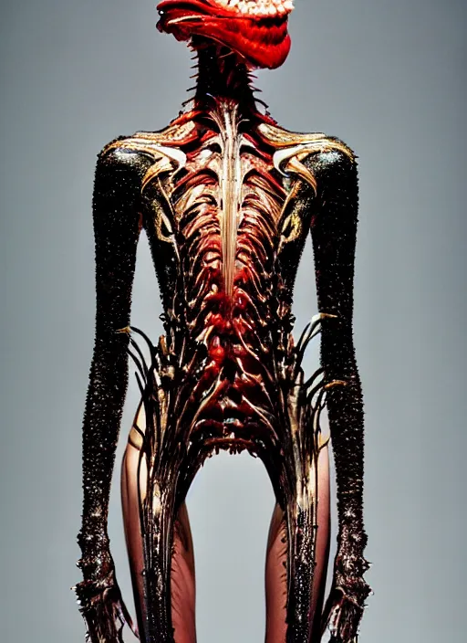 Image similar to walking down the catwalk, ben watts, show, stage, vogue photo, podium, fashion show photo, iris van herpen, beautiful woman, full body shot, helmet on face, masterpiece, plant predator, giger, guyver, jellyfish, biomechanical details, movie still, fauvism, cinestill, bokeh, gelios lens