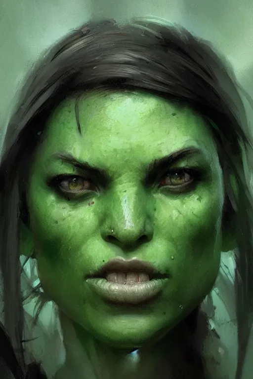 Image similar to green orc female, light green tone beautiful face, by greg rutkowski, by jeremy mann, digital painting