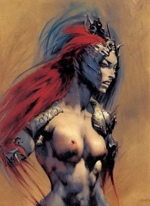 Image similar to portrait of female chaos angel, beautiful! coherent! by frank frazetta, by brom, strong line, deep color, armor, volumetric hair, high contrast