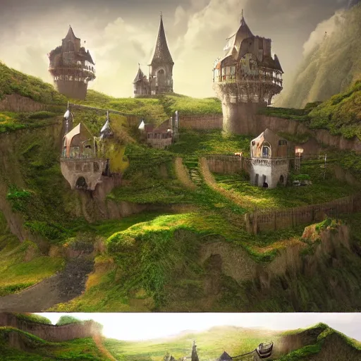 Image similar to a hyperrealistic digital matte painting of a verdant fantasy countryside, very far royal steampunk castle, highly detailed, trending on artstation