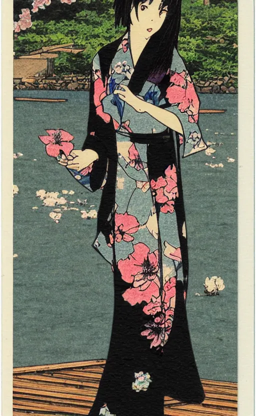 Image similar to by akio watanabe, manga art, a black hair girl walking on wooden lake bridge and iris flowers, trading card front, kimono, realistic anatomy