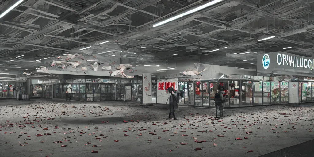 Prompt: realistic cinematic views of a Orwellian Costco with dead fish falling from the sky in front of an immigration booth, hyper detailed, terror glows, hyper realistic, digital painting, 8k, 35mm film grain, octane render