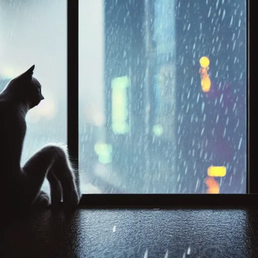 Image similar to A cat sitting on a Windows watching the view of a cyberpunk city, 24mm, 8k, octane render, beautiful, peaceful, cyberpunk, moody, raining, rain, super detailed, dof, volumetric lighting, rtx, raytracing, cyberpunk 2077.