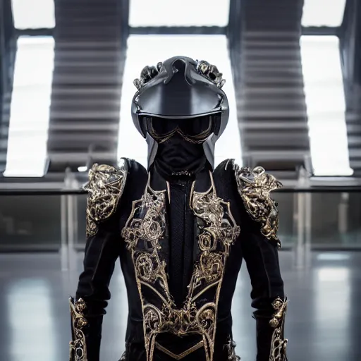 Prompt: High angle shot of Austin Butler dressed in futuristic-baroque duelist-garb and carbon-armor, standing in an arena, XF IQ4, f/1.4, ISO 200, 1/160s, 8K, RAW, unedited, symmetrical balance, face in-frame