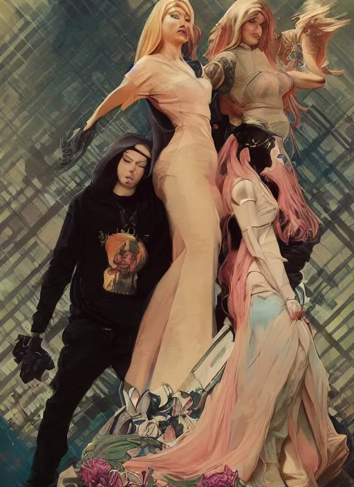 Image similar to rap battle rap god eminem, black velvet, diamond and rose quartz, full body view, beautiful high quality realistic fantasy art, trending on artstation by artgerm and greg rutkowski and alphonse mucha