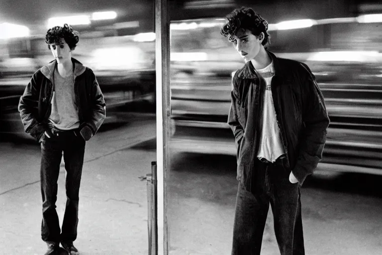 Prompt: timothee chalamet at a truck stop, ominous lighting, by richard avedon, tri - x pan stock