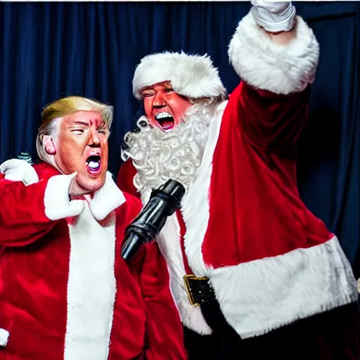 Image similar to trump as a drunk and disheveled mall santa claus screaming incoherent political lies at children, paparazzi photo, highly detailed, high definition, ultra realistic