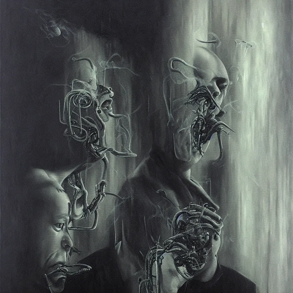 Prompt: futuristic portrait of bill hicks smoking in the style of hans giger, dark atmosphere, lovecraftian background, lynchian atmosphere, film noir, concept art, art by kuvshinov ilya and zdislav beksinski and wayne barlowe and hans giger