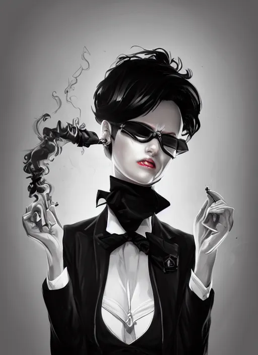 Prompt: a highly detailed illustration of short black haired woman wearing black eyepatch and noir style suit and tie, dramatic smoking pose, intricate, elegant, highly detailed, centered, digital painting, artstation, concept art, smooth, sharp focus, league of legends concept art, WLOP