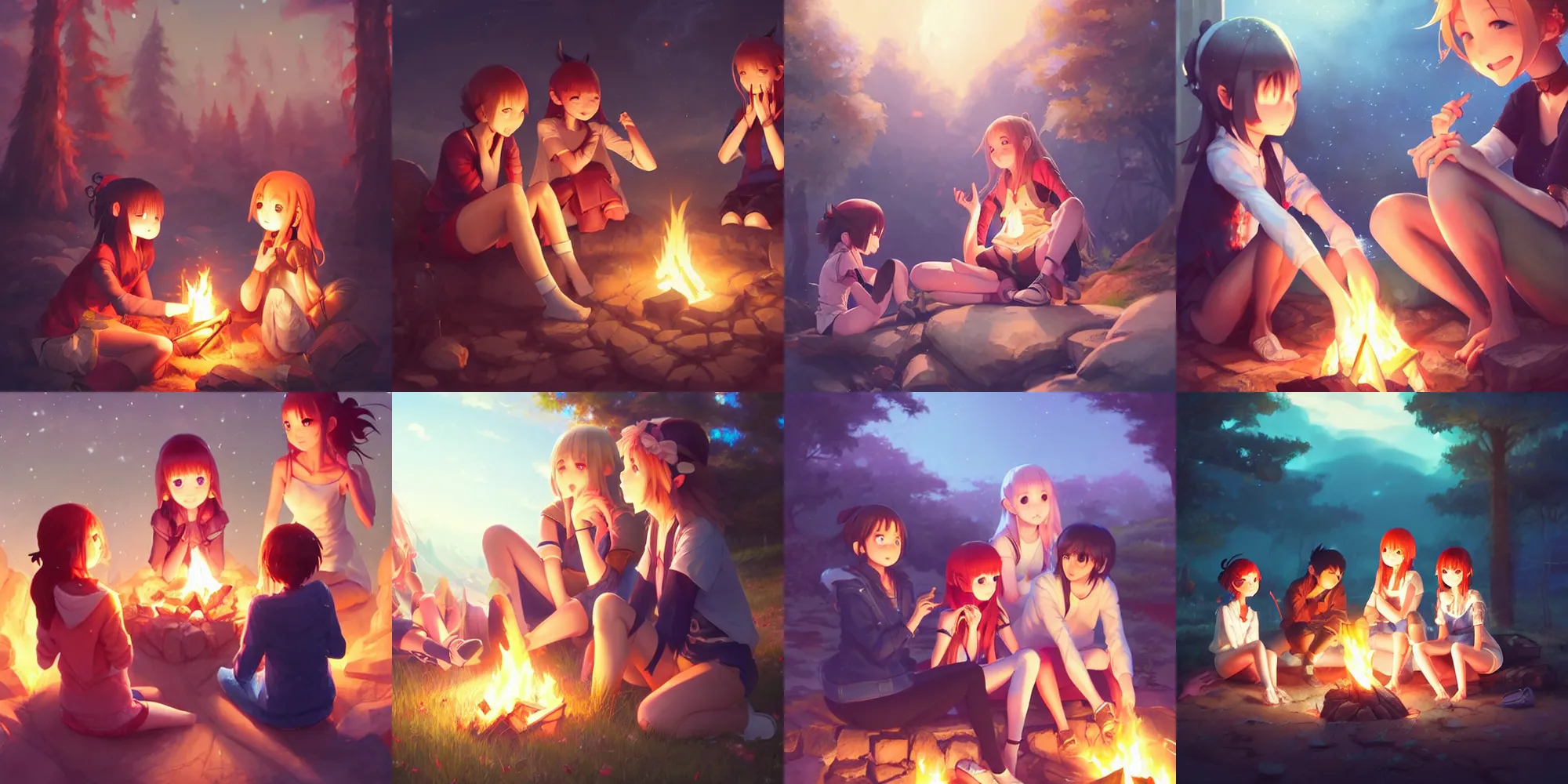 Prompt: very beautiful cute girls sitting around campfire at night, anime, trending on artstation, pixiv, Unreal Engine 4k, Stanley Artgerm Lau, WLOP, Rossdraws, James Jean, Marc Simonetti, Sakimichan, makoto shinkai, manga cover