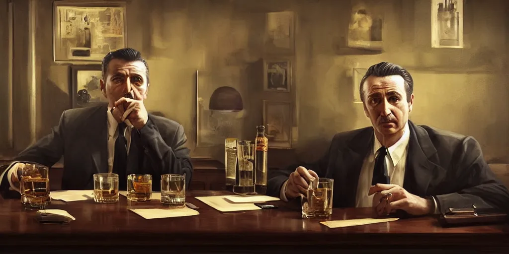 Image similar to beautiful oil matte portrait painting, mafia boss drinking whiskey at his 5 0 s new york office desk, wonderful masterpiece highly detailed, beautiful cinematic light deep focus, elegant, digital painting, smooth, sharp focus, golden ratio, dramatic illumination, ultra realistic, 8 k, art by jimmy law