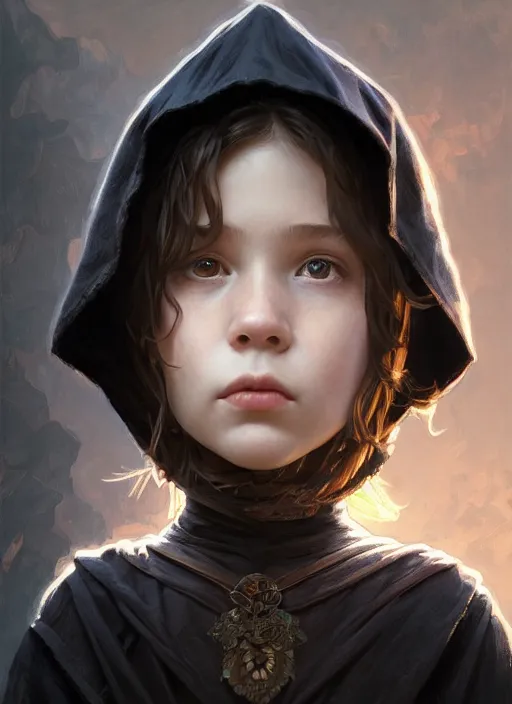 Image similar to perfectly - centered - portrait of a kid wearing black cloak holding stick, intricate, highly detailed, digital painting, artstation, concept art, smooth, sharp focus, illustration, unreal engine 5, 8 k, art by artgerm and greg rutkowski and alphonse mucha and sam spratt