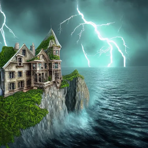 Image similar to Ultra Realistic Hyper detailed Fantasy view of a Haunted Mansion overlooking the cliffs edge where ocean waves are crashing during a lightning storm