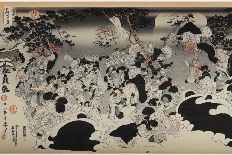 Image similar to black and white japanese painting of a circus, lots of clowns, flat, extremely detailed, water color and ink, painted by hokusai, 4 k,