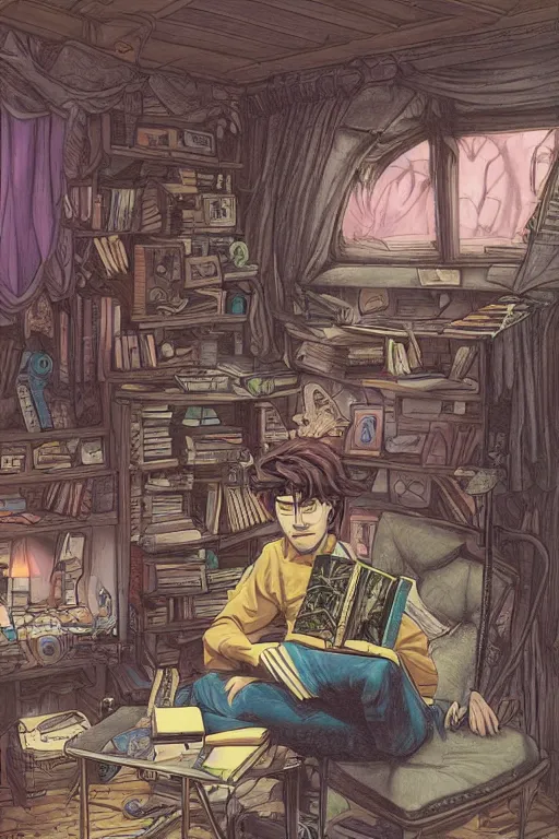 Image similar to goth guy sitting on the floor of a cluttered 9 0 s bedroom reading a book by sophie anderson, vaporwave colors, lo - fi, concept art, smooth, detailed, toon shading, cel shading, animation, 4 k, hd,