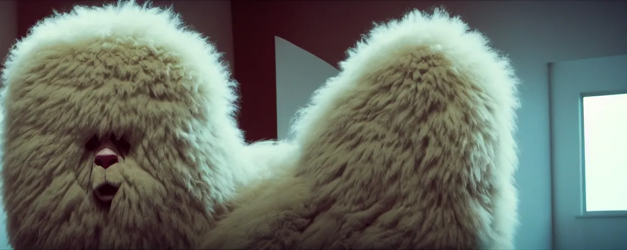 Prompt: a strange huge fluffy furry creature sits in the living room, film still from the movie directed by denis villeneuve with art direction by zdzisław beksinski, close up, telephoto lens, shallow depth of field
