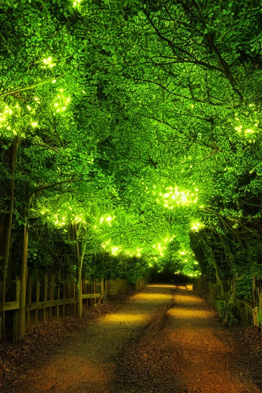 Image similar to a beautiful digital glossy clear sharp of a detailed summer day fantasy fireflies forest trees roots lanterns iron gate cobblestone pathway vines james gurney, 8 k resolution trending on artstation