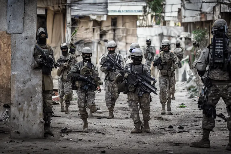 Image similar to Mercenary Special Forces soldiers in grey uniforms with black armored vest and black helmets behind an MRAP in urban warfare in Cambodia as artillery explodes 2022, Canon EOS R3, f/1.4, ISO 200, 1/160s, 8K, RAW, unedited, symmetrical balance, in-frame, combat photography