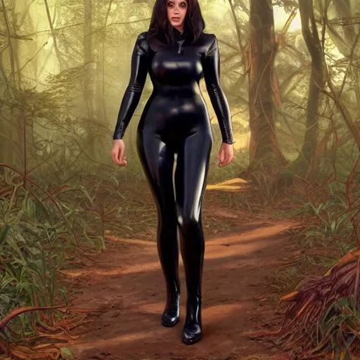 Image similar to full body portrait of a female wearing a skintight leather jacket in a forest, large thighs, perfect face, beautiful! coherent!, intricate, elegant, highly detailed, digital painting, artstation, smooth, sharp focus, illustration, art by artgerm and greg rutkowski and alphonse mucha, 8 k