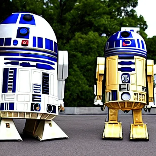 Image similar to portrait of r 2 - d 2 and c 3 p 0 in front of the whitehouse