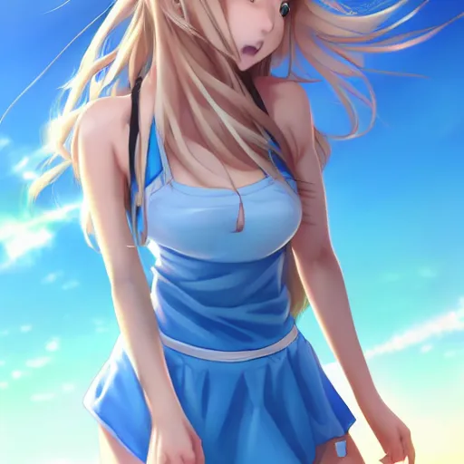 Image similar to a very beautiful young mature anime basketball girl, full body, long wavy blond hair, sky blue eyes, full round face, short smile, bikini, miniskirt, highly detailed, cinematic wallpaper by stanley artgerm lau