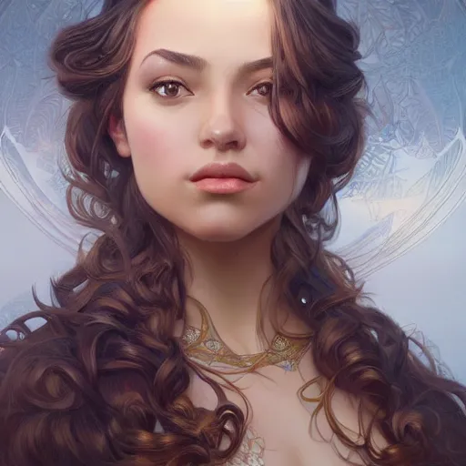 Image similar to portrait of a beautiful thick female, alexandria ortega cortez face, D&D, fantasy, intricate, elegant, highly detailed, digital painting, artstation, concept art, smooth, sharp focus, illustration, art by artgerm and greg rutkowski and alphonse mucha