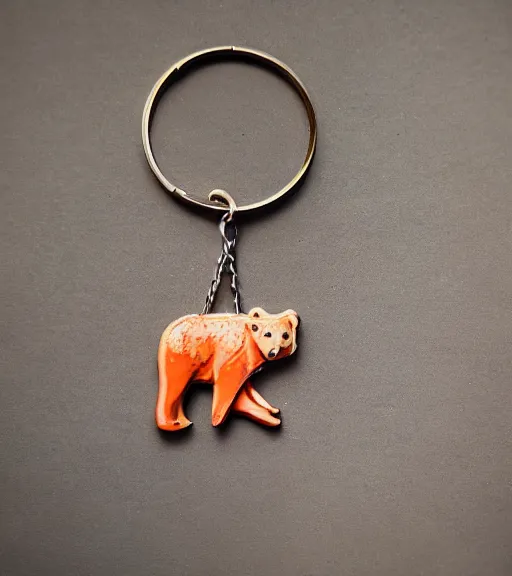 Prompt: keychain of a realistic bear eating a salmon under the northern lights