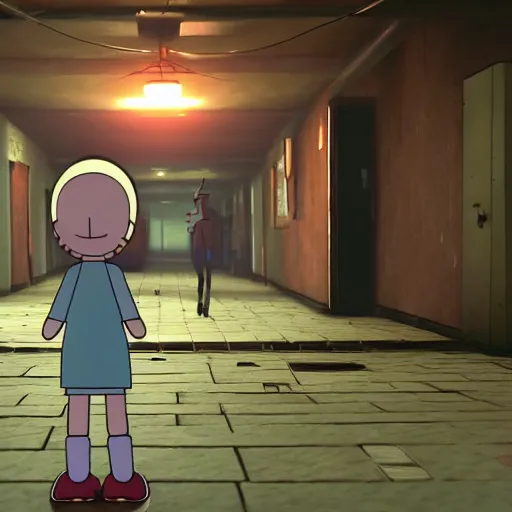 Image similar to playstation 5 screenshot of silent hill, rick and morty