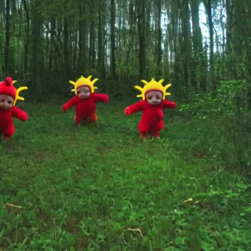 Image similar to teletubbies in the forest trail camera footage night