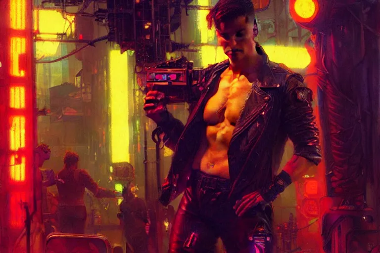 Image similar to cyberpunk style, attractive male, neon lights, painting by gaston bussiere, craig mullins, j. c. leyendecker, tom of finland